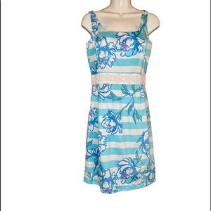 Lilly Pulitzer Dress Blue White Stripe Floral design w/Beading Detailing